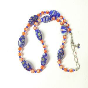 Millefiori Glass Bead Necklace Blue Red Yellow Floral Vintage 18"